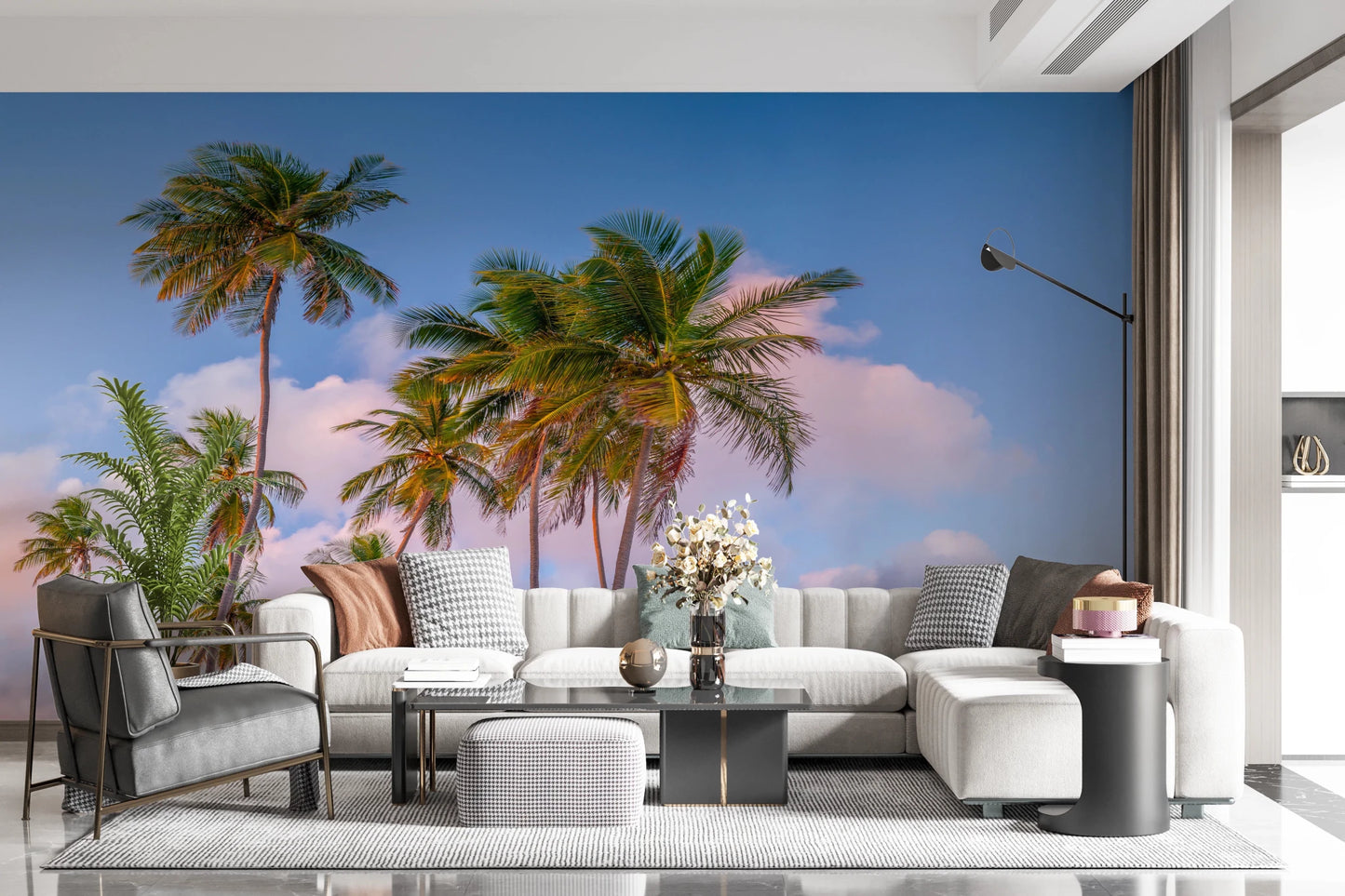 Minimal sitting area showing Tropical Palms Evening Wall Mural with tall palms and sky