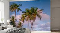 Bright Bedroom corner using Tropical Palms Evening Wall Mural on a full feature surface