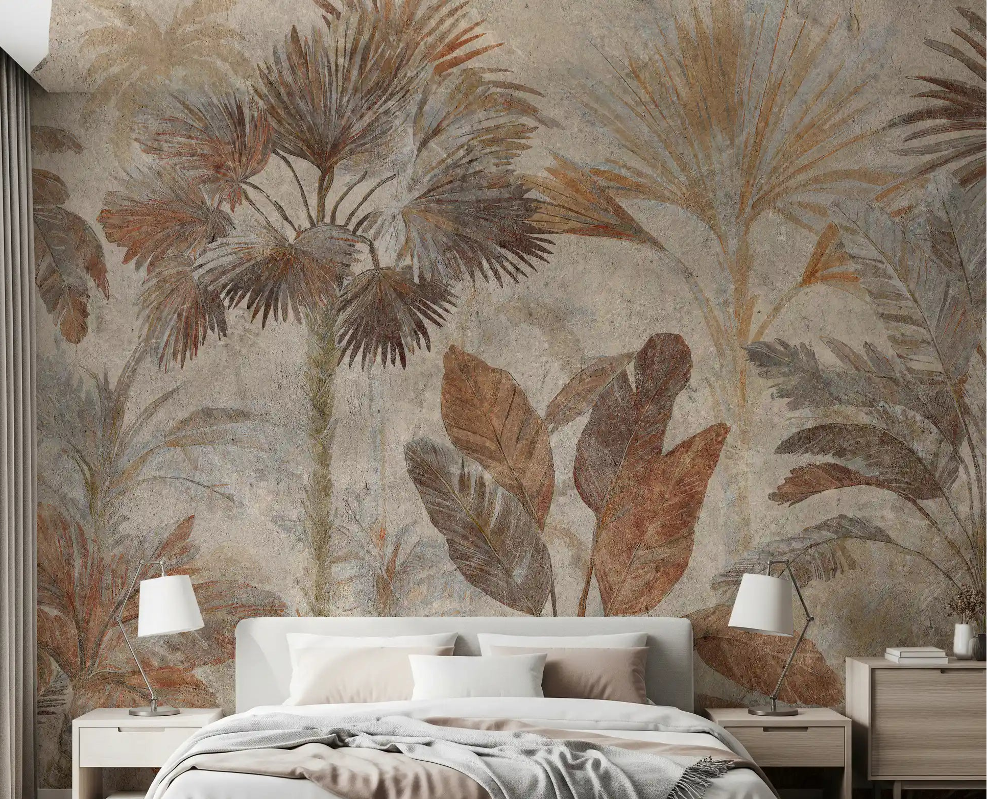 Bedroom with Tropical Palms Terracotta Fresco Wall Mural leaf art, GD9153