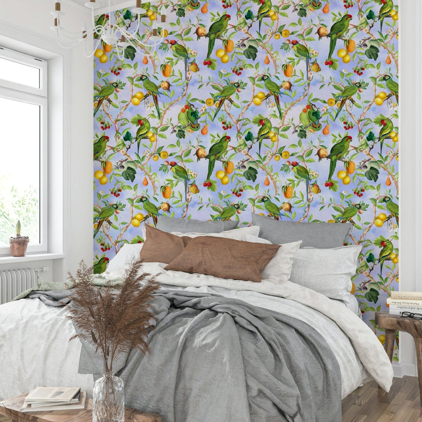 Jungle bird wallpaper in tropical color palette

