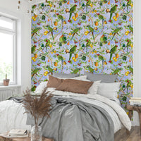Jungle bird wallpaper in tropical color palette

