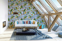 Parrot-themed tropical wallpaper for living room

