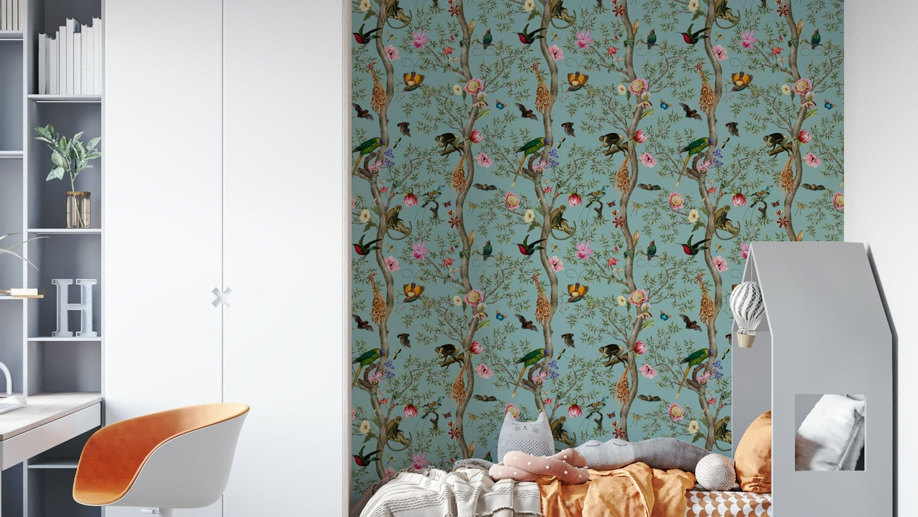 Colorful tropical birds in paradise mural

