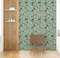 Nature-inspired wallpaper with parrots and leaves


