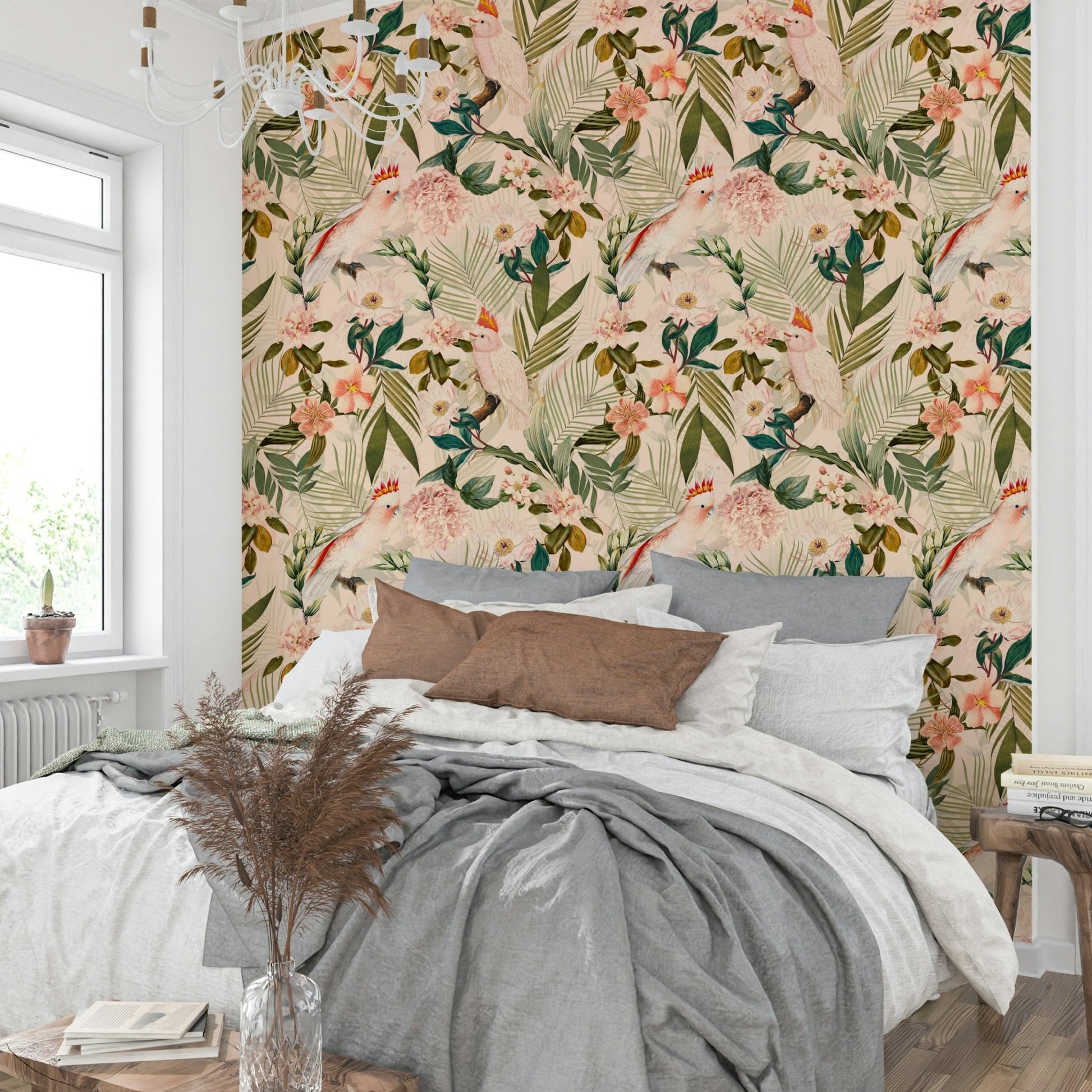 Lush tropical jungle with flying birds and green plants.

