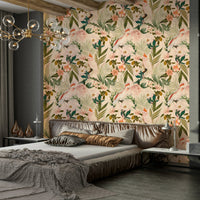 Vibrant tropical birds perched on lush green foliage.

