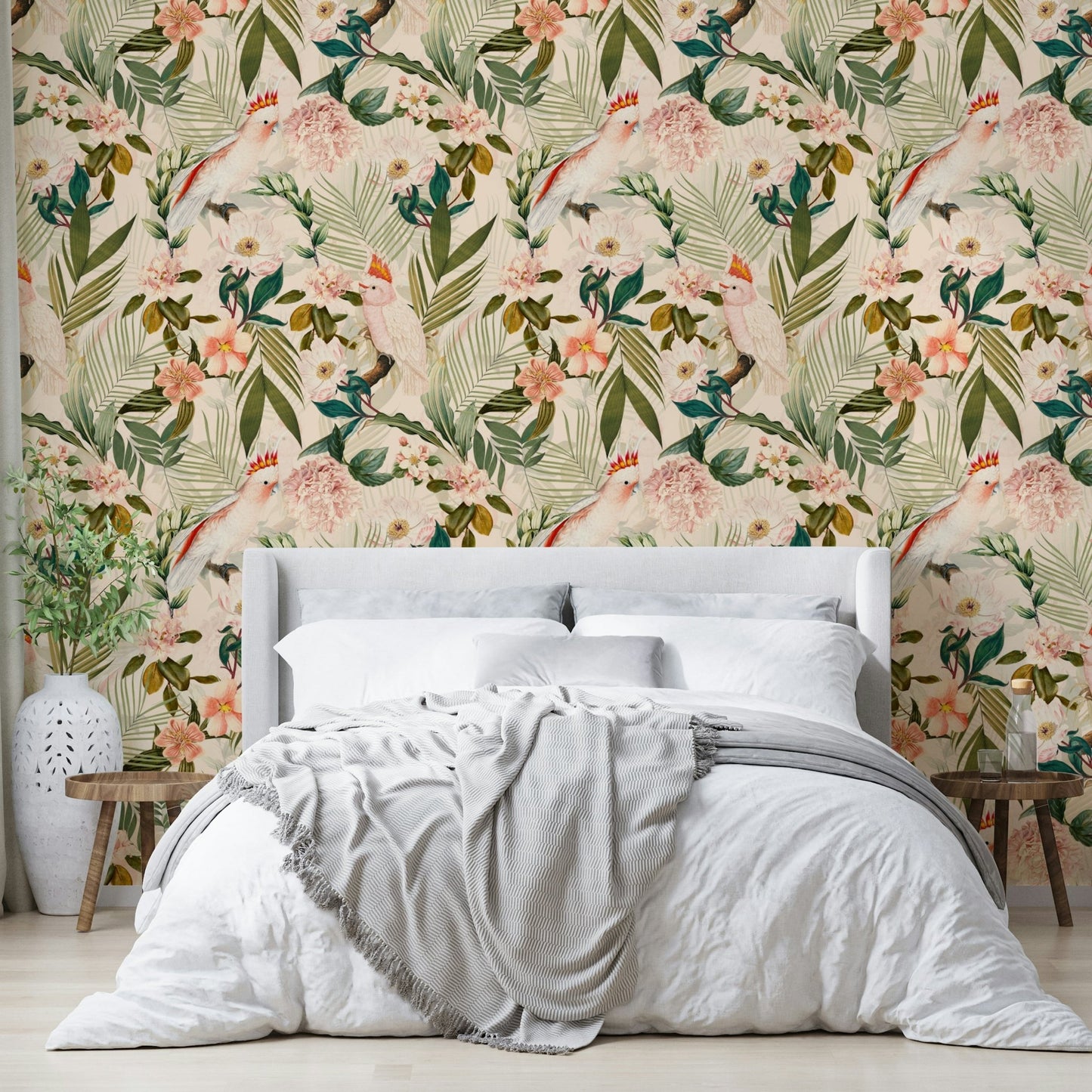 Stunning tropical scene with flamingos and tropical flowers.

