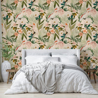 Stunning tropical scene with flamingos and tropical flowers.

