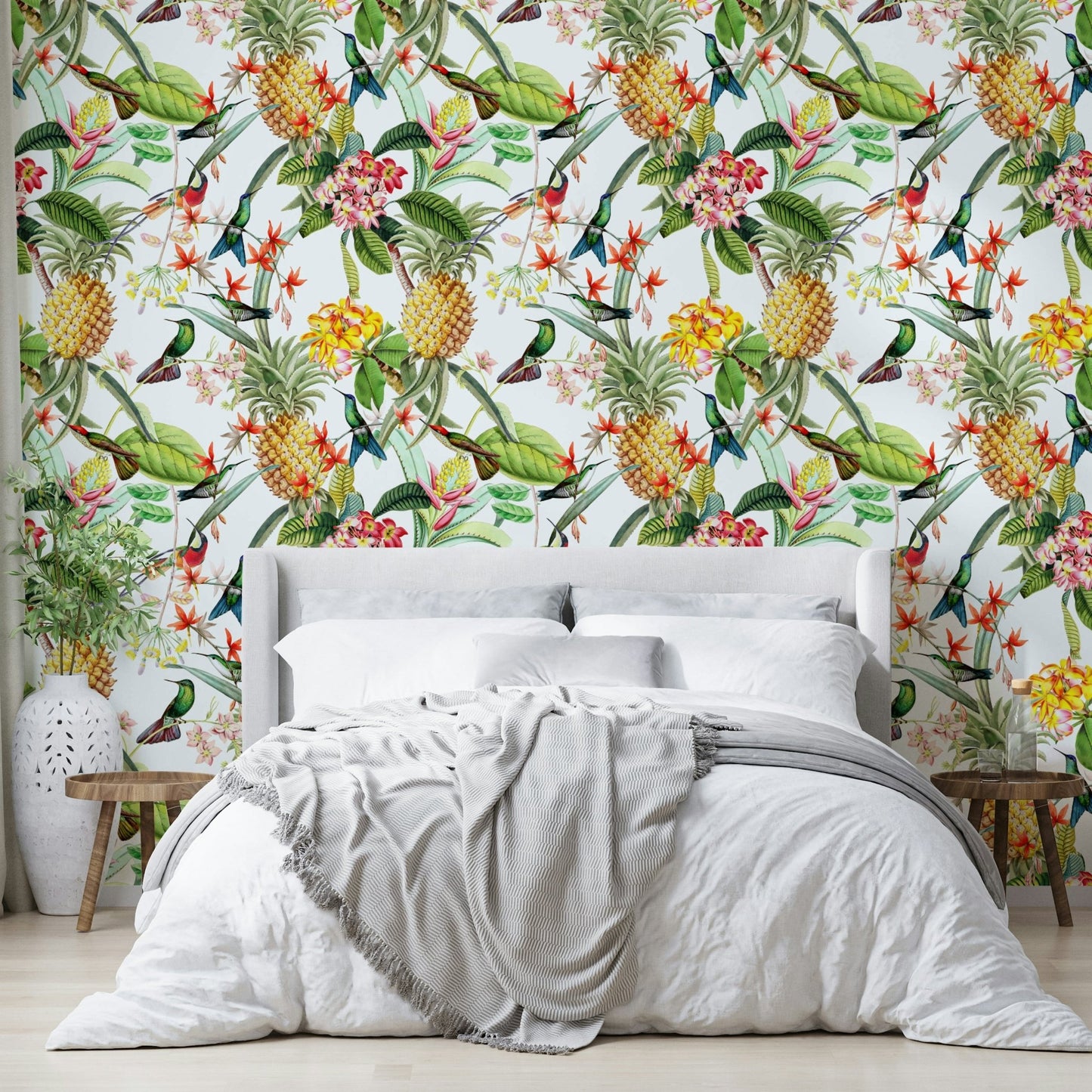 Stunning tropical wallpaper design with hummingbirds and flowers.

