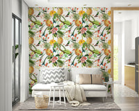Lush jungle wallpaper featuring hummingbirds and tropical flora.

