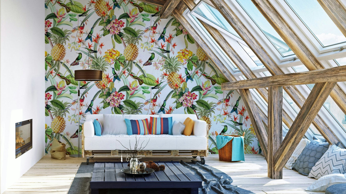 Tropical Hummingbirds flying among vibrant flowers.

