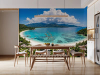 Tropical Paradise View Wall Mural framed by large windows in a bright dining space