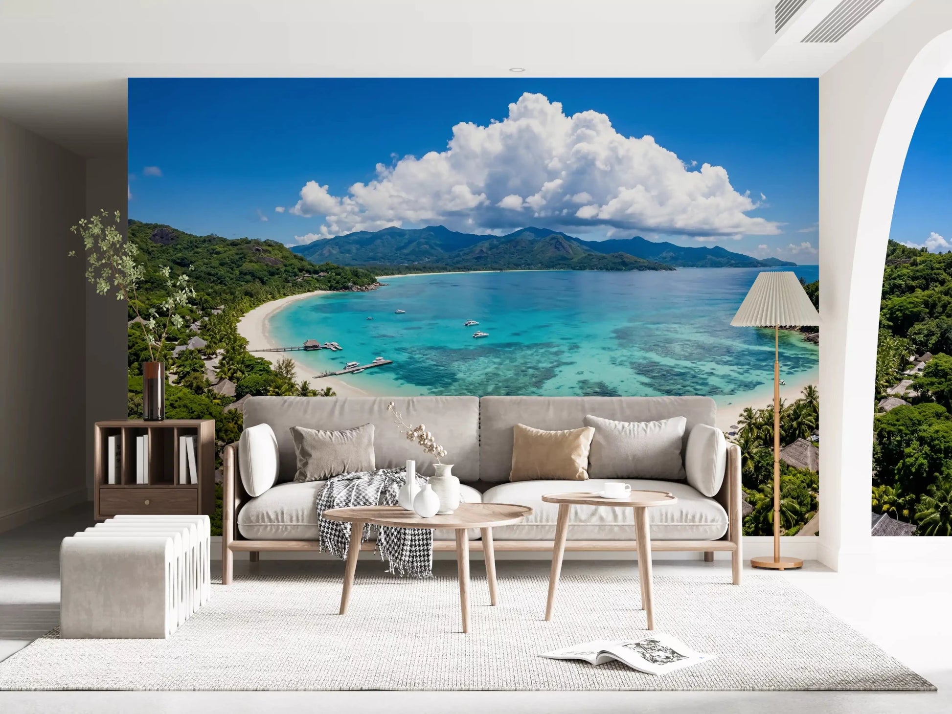 Soft living room centred on Tropical Paradise View Wall Mural and pale seating