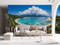 Soft living room centred on Tropical Paradise View Wall Mural and pale seating