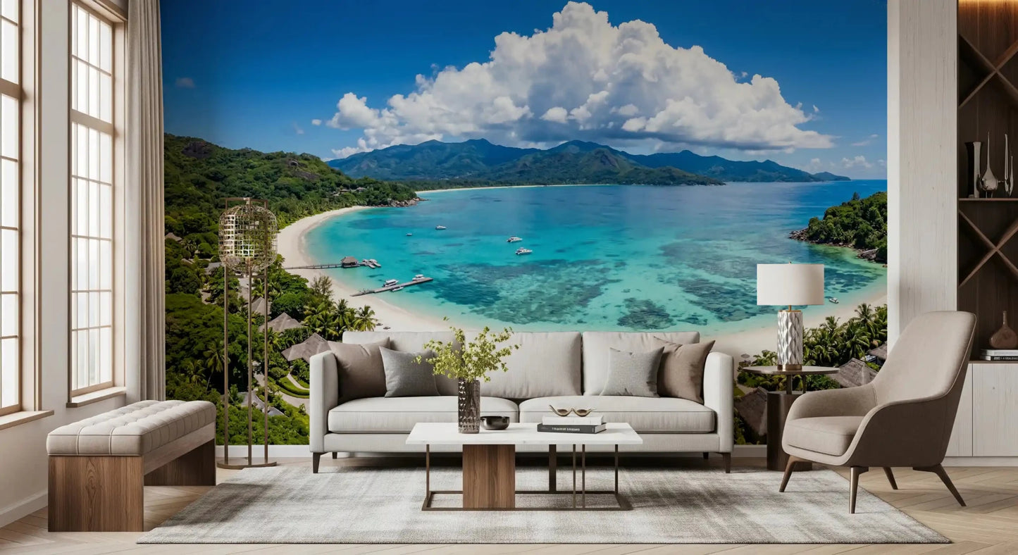 Coastal-style sitting room with Tropical Paradise View Wall Mural on the feature wall