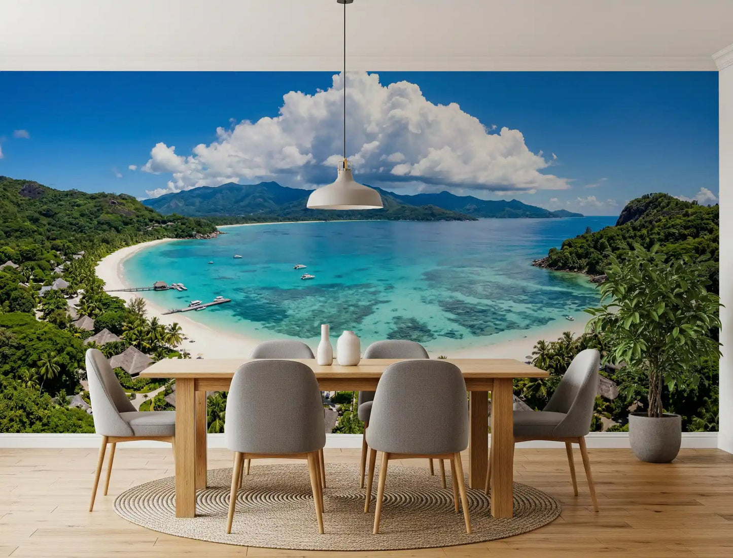 Tropical Paradise View Wall Mural styled with a dining set and pendant light