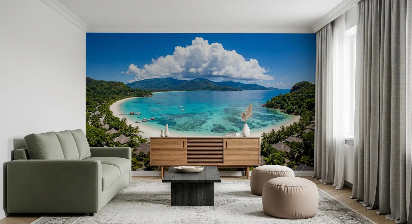 Living room area finished with Tropical Paradise View Wall Mural in a sleek room