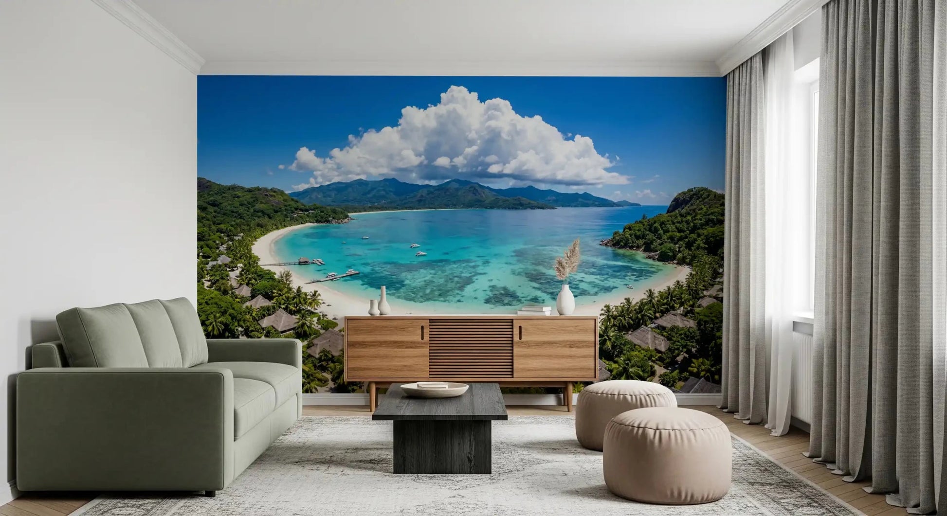 Living room area finished with Tropical Paradise View Wall Mural in a sleek room