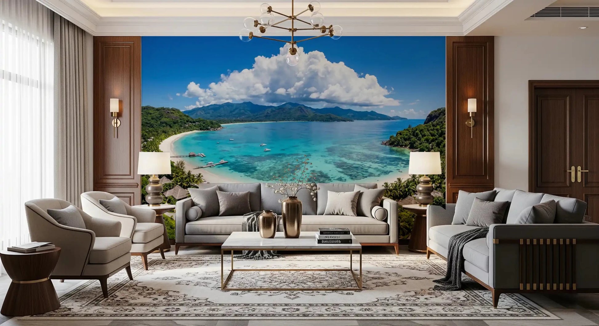 Airy living room with Tropical Paradise View Wall Mural behind a white sectional