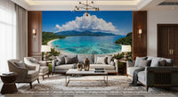 Airy living room with Tropical Paradise View Wall Mural behind a white sectional