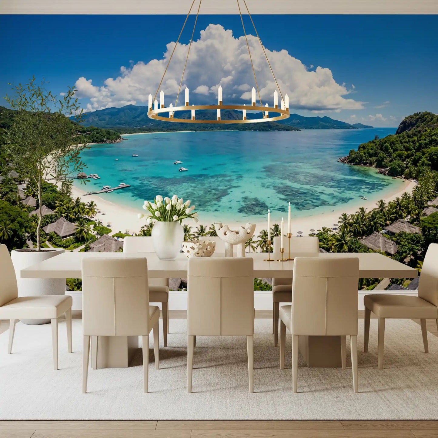 Tropical Paradise View Wall Mural beside white chairs in a light dining corner