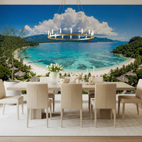 Tropical Paradise View Wall Mural beside white chairs in a light dining corner