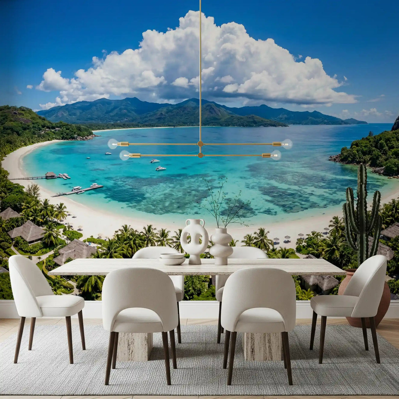 Tropical Paradise View Wall Mural behind a dining table in an open dining area