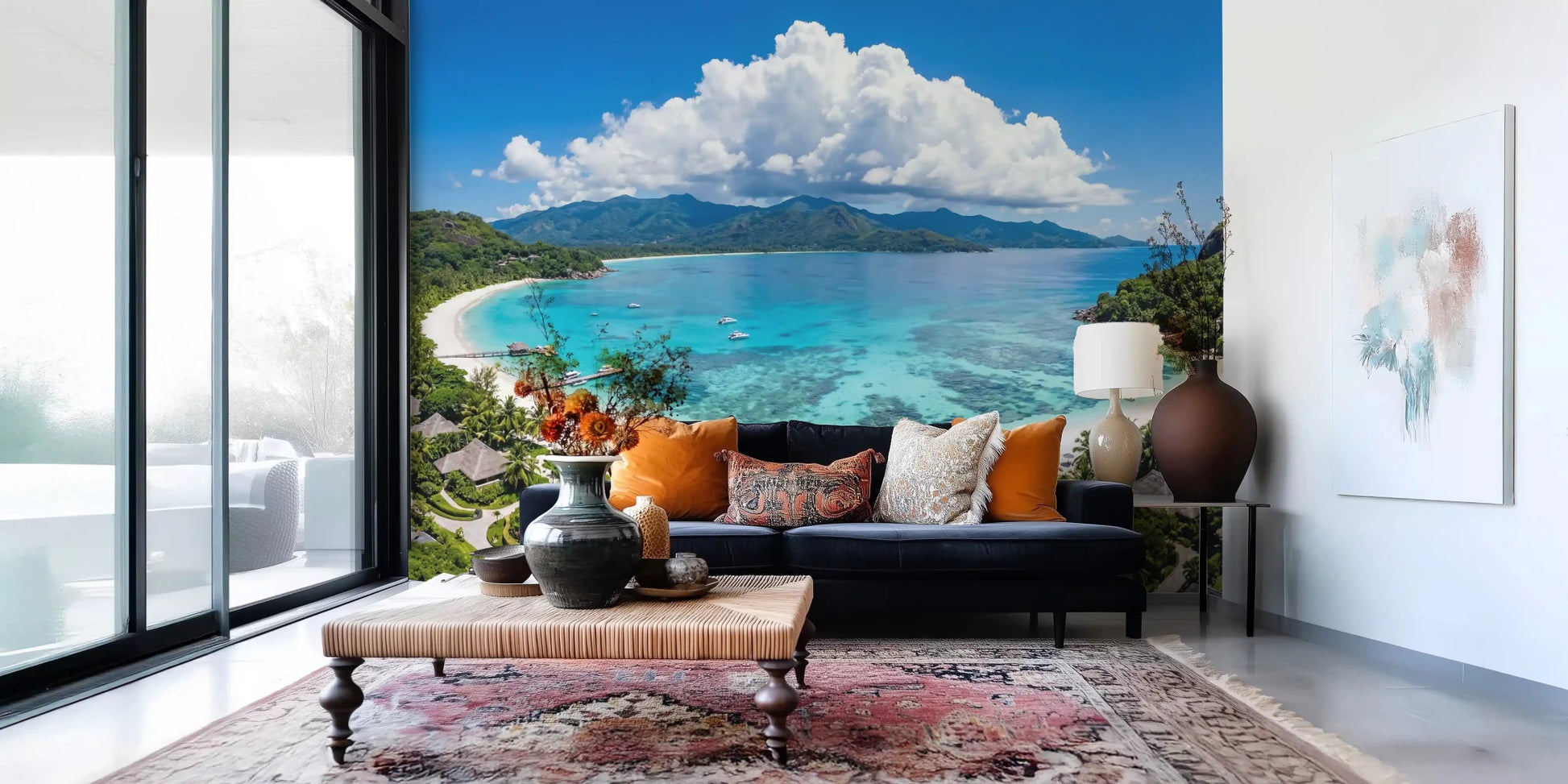 Tropical Paradise View Wall Mural above a bed in a bedroom with a bold rug
