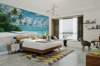 Relaxing coastal view with palm trees and sea

