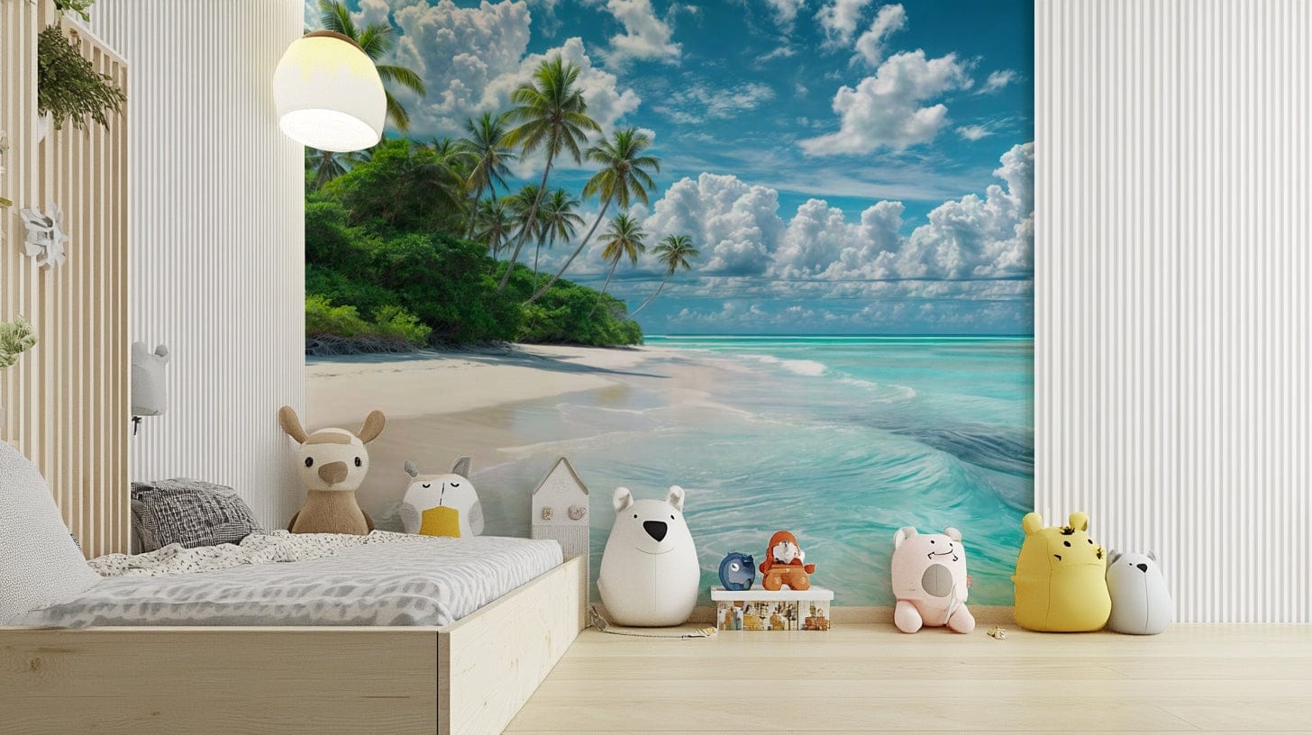 Coastal beach mural with clear turquoise waters

