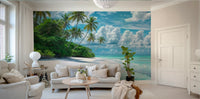 Bright beach paradise with waves and palms


