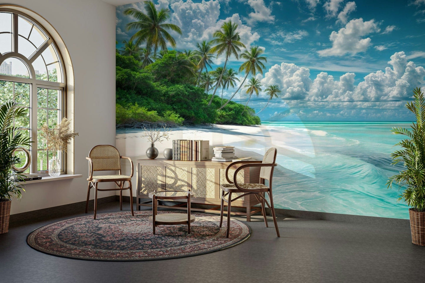 Ocean waves and lush palm trees in paradise
