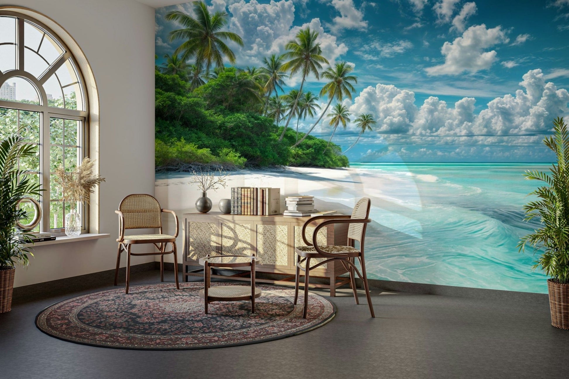 Ocean waves and lush palm trees in paradise
