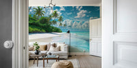 Tranquil beach scene with tropical palms
