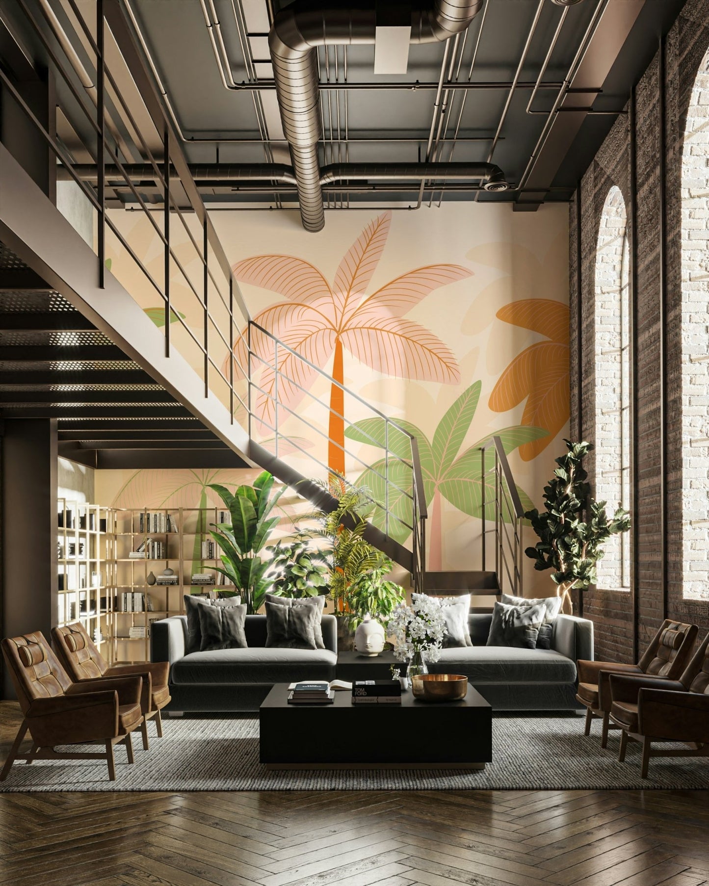 The leaves and plants are stylized and abstract.

