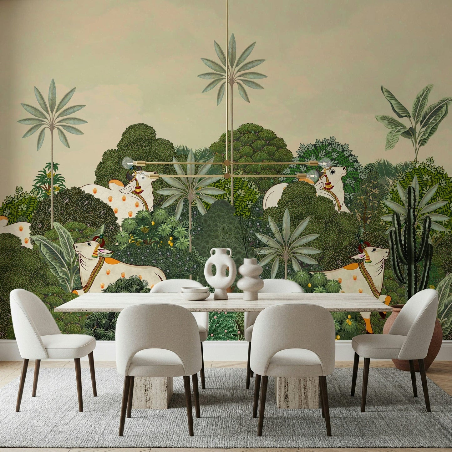 Pichwai-inspired tropical wall mural with floral and leafy details