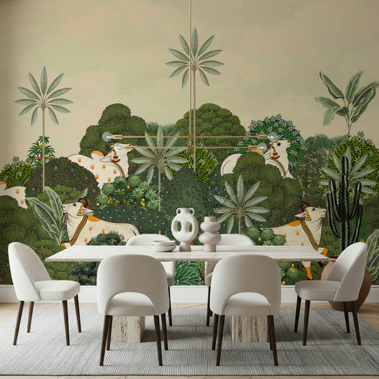 Pichwai-inspired tropical wall mural with floral and leafy details, GD7542