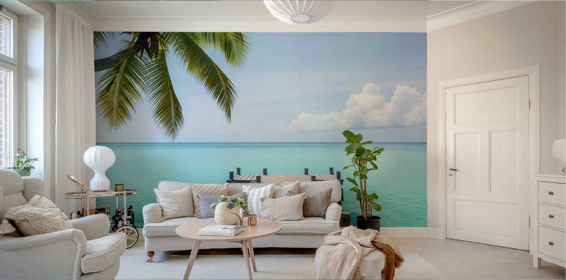 A bedroom decorated with a peaceful pier mural

