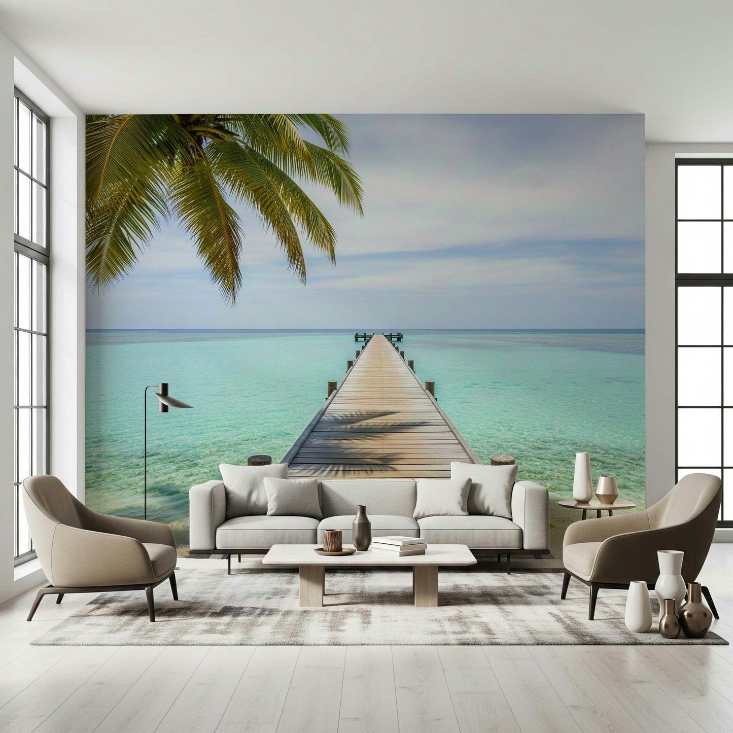 Exotic holiday wallpaper featuring a jetty and turquoise ocean waves., GD7681