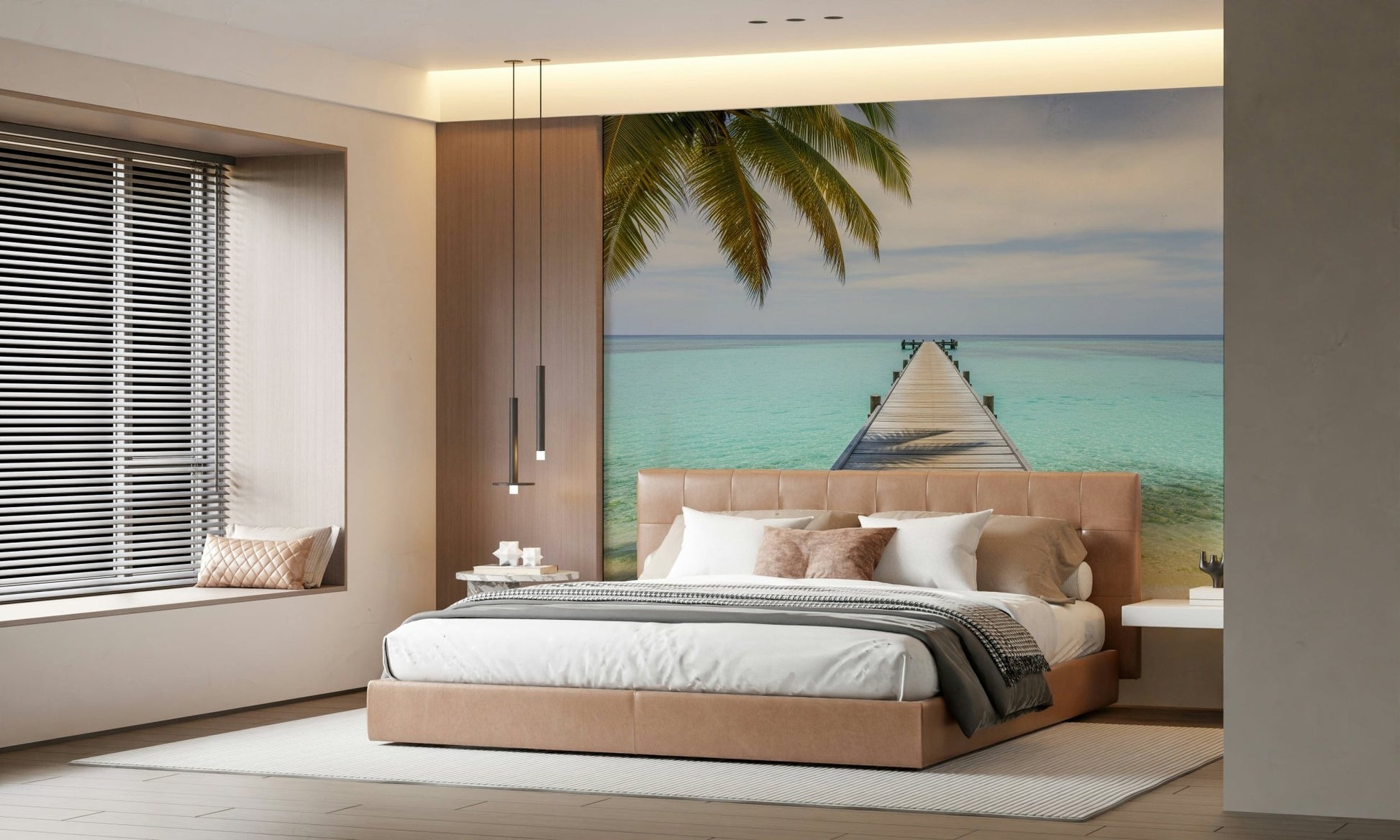 Tropical pier wallpaper for a bright and airy coastal interior style., GD7681
