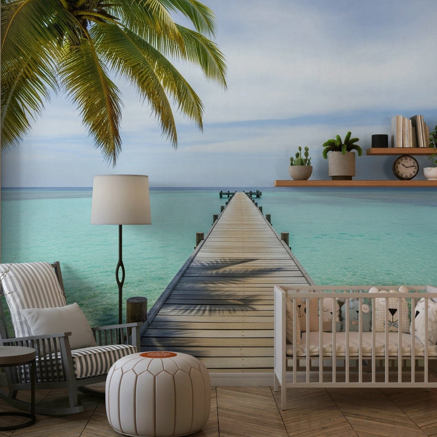 Nature inspired wall mural depicting a peaceful tropical island pier., GD7681