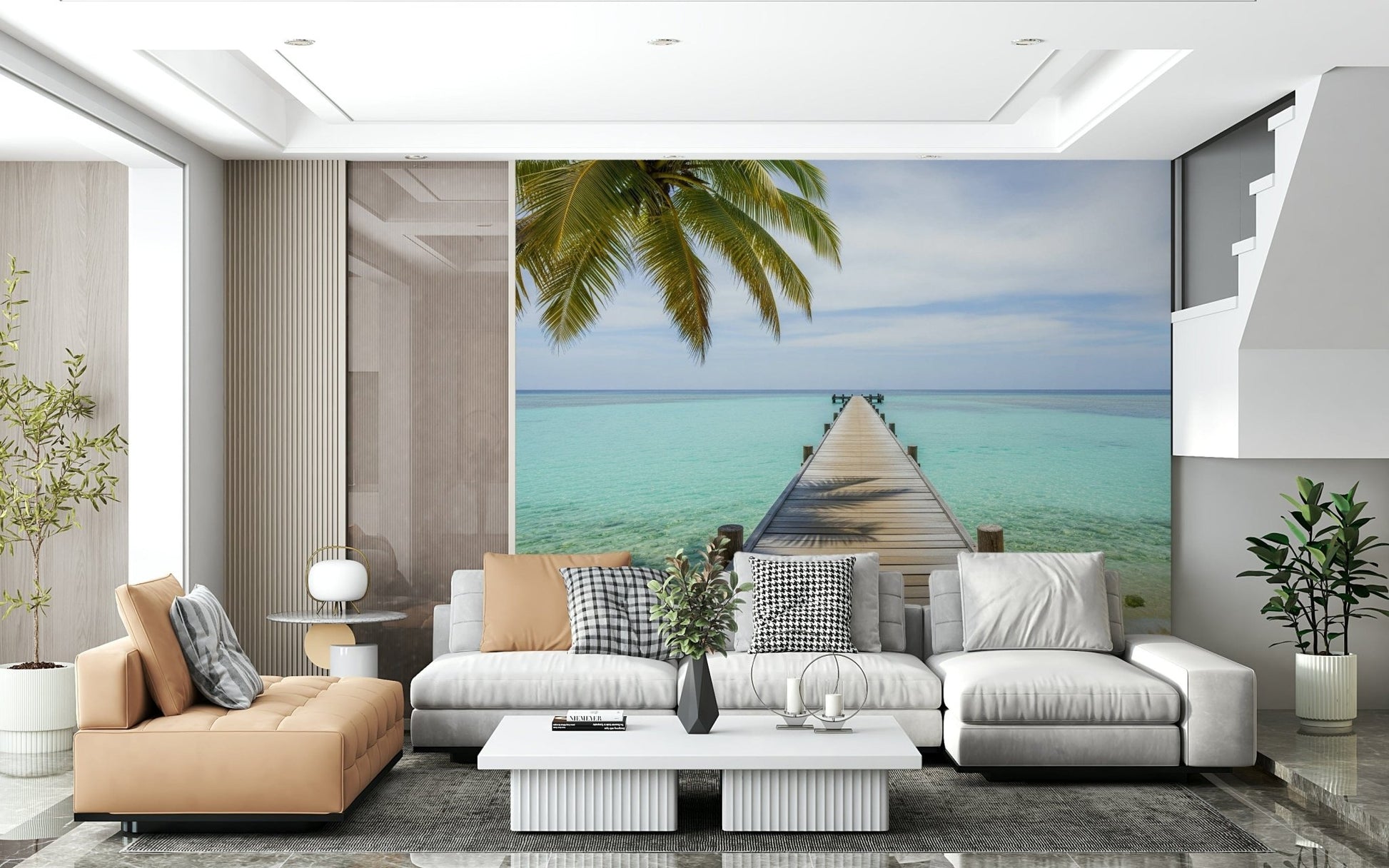 Beach landscape wallpaper featuring a long pier and green palm trees., GD7681