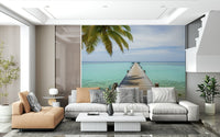 Beach landscape wallpaper featuring a long pier and green palm trees., GD7681