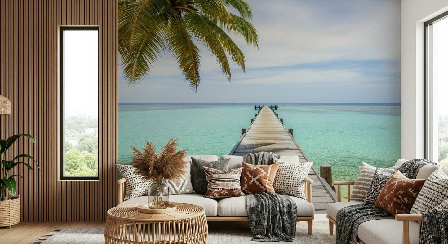 Vibrant blue water wallpaper with a rustic wooden pier and foliage., GD7681