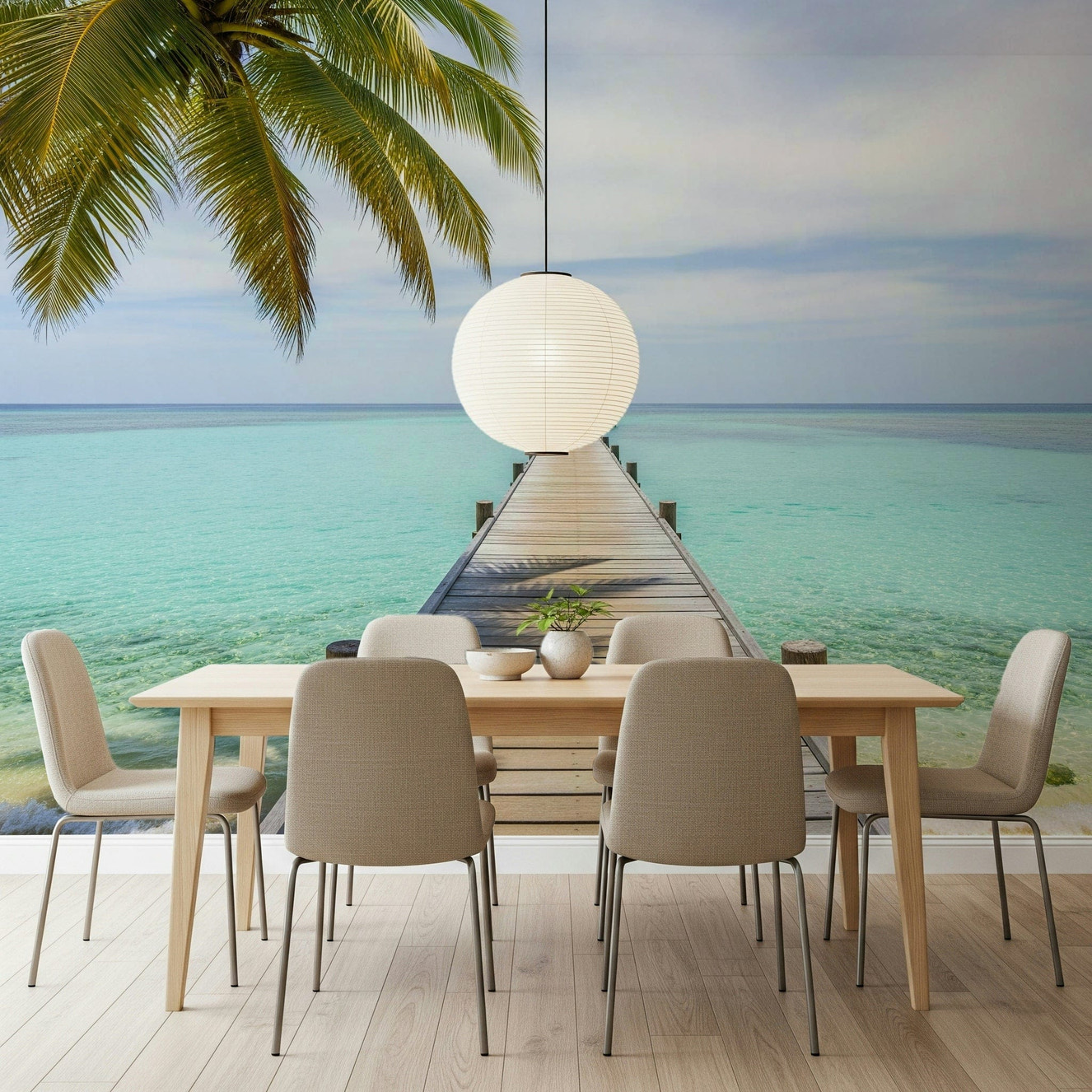 Tropical pier wall mural showing a sunny coastline and white sand beach.