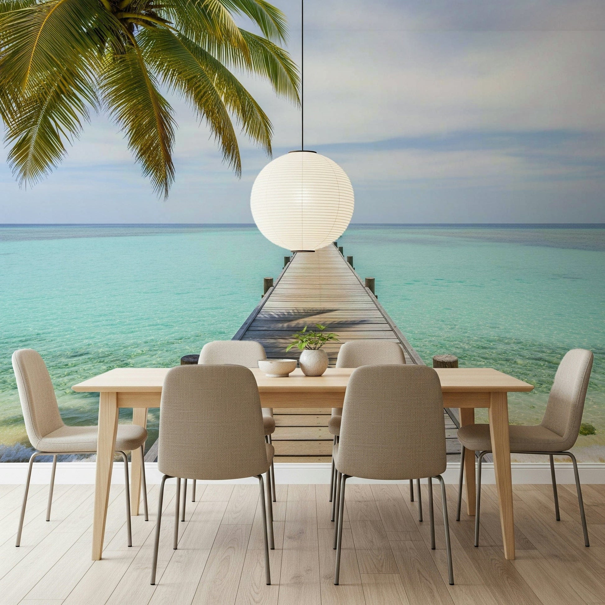 Tropical pier wall mural showing a sunny coastline and white sand beach., GD7681