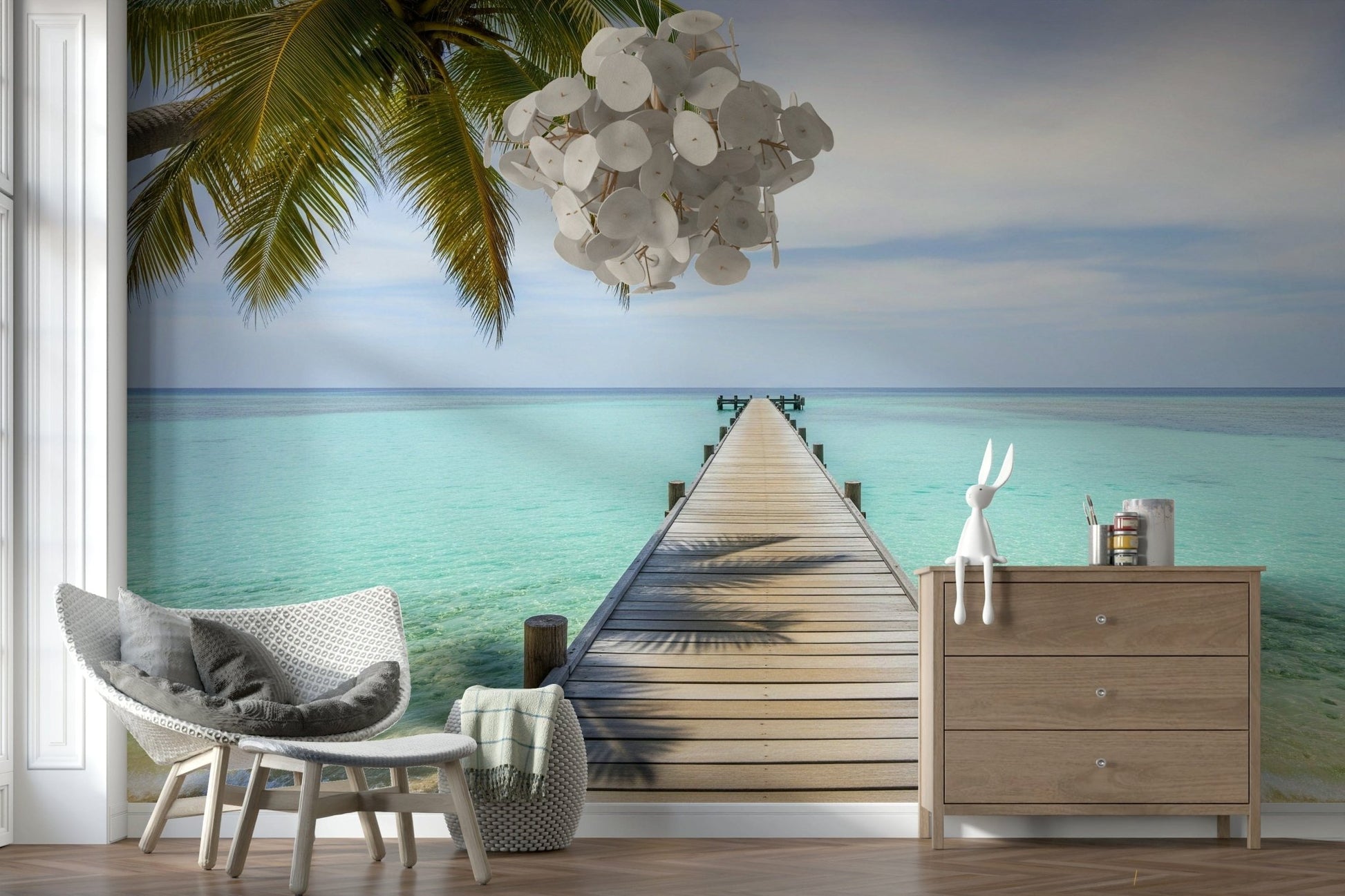 Tropical pier wall mural with wooden planks over clear turquoise water., GD7681