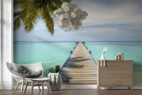 Tropical pier wall mural with wooden planks over clear turquoise water., GD7681