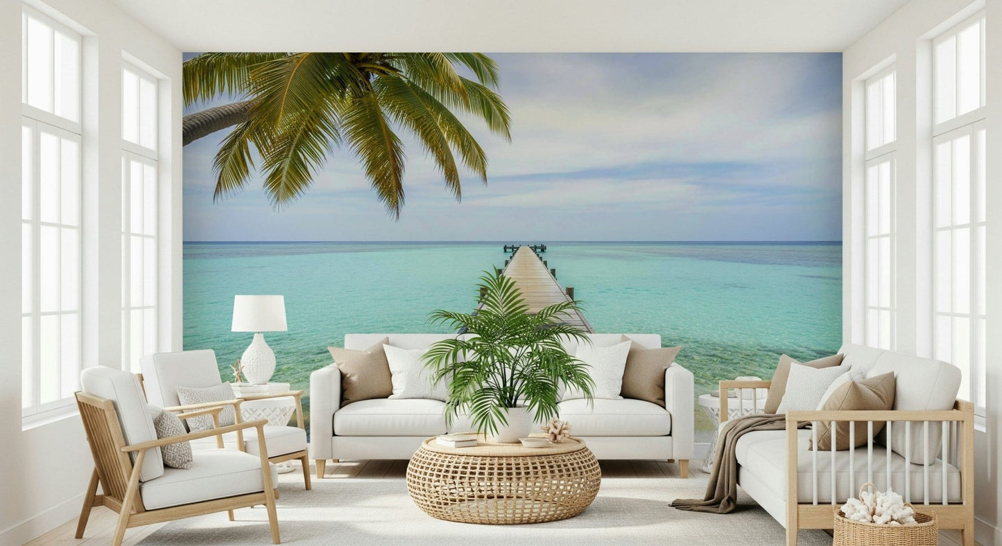 Minimalist ocean wallpaper with a central wooden pier and blue sky., GD7681