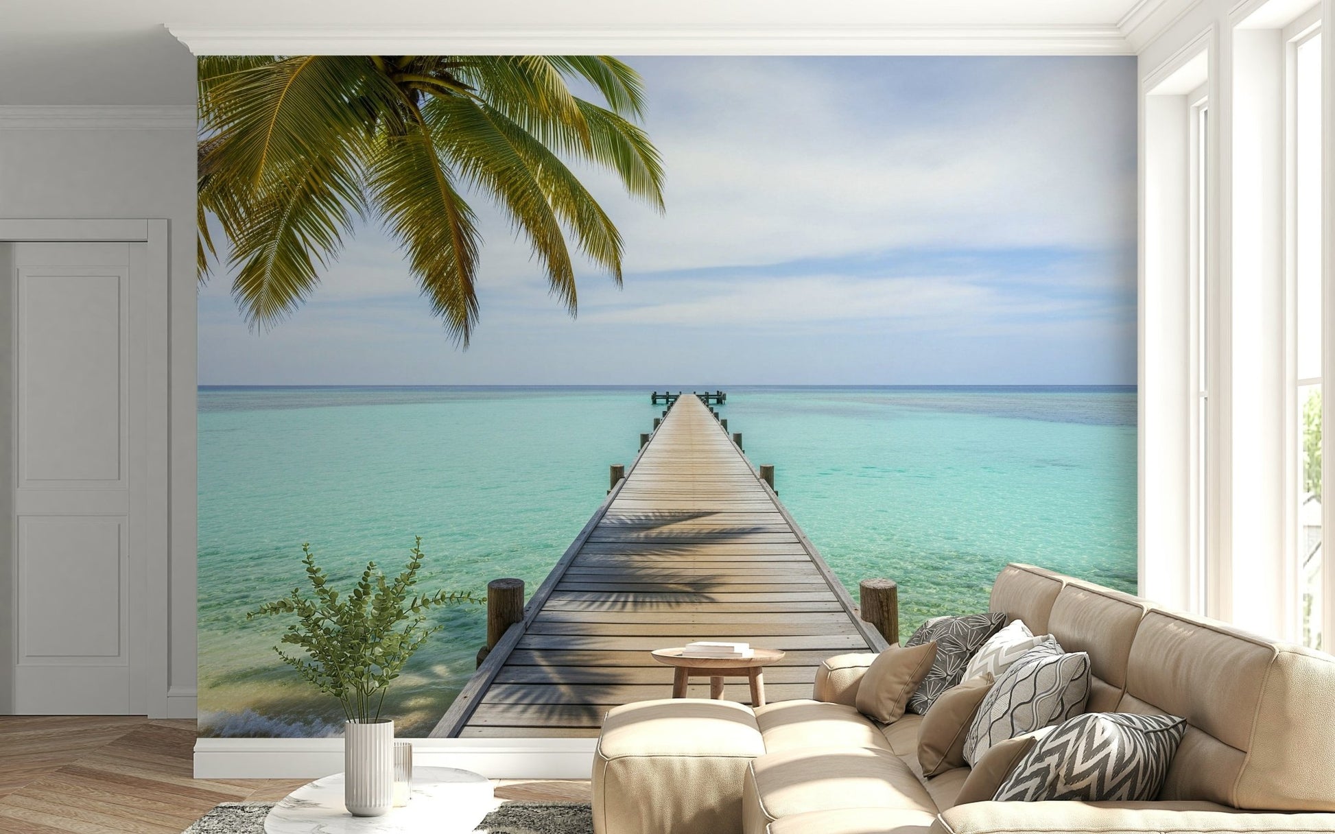 Tropical pier wall mural with a perspective view of an island shore., GD7681